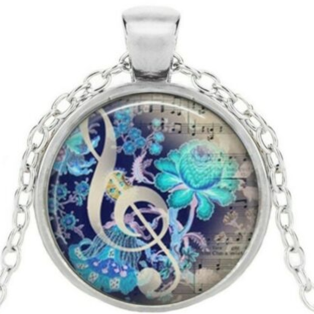Necklace- New- Music Treble Clef Note Flowers - Picture 1 of 1